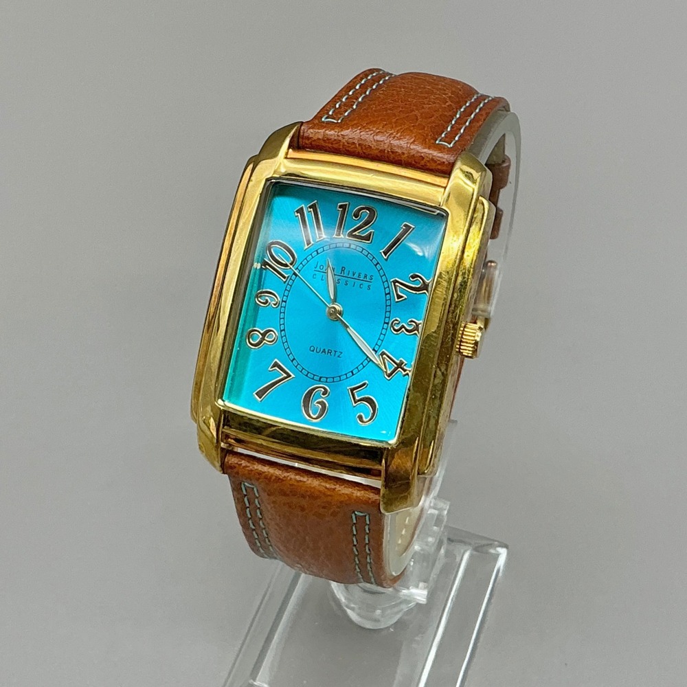 Joan Rivers Watch V377 Blue Dial Gold Tone Brown Leather 40mm NEW BATTERY
